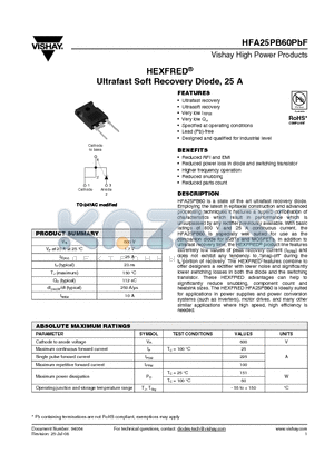HFB25PB60 datasheet - Ultrafast Soft Recovery Diode, 25 A
