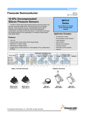 MPX10GP datasheet - 10 kPa Uncompensated Silicon Pressure Sensors