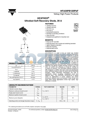 HFB30PB120PBF datasheet - Ultrafast Soft Recovery Diode, 30 A