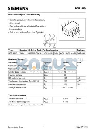 Q62702-C2418 datasheet - PNP Silicon Digital Transistor Array (Switching circuit, inverter, interface circuit, driver circuit)