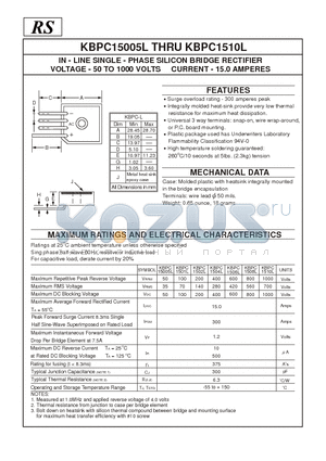 KBPC1508L datasheet - IN - LINE SINGLE - PHASE SILICON BRIDGE RECTIFIER VOLTAGE - 50 TO 1000 VOLTS CURRENT - 15.0 AMPERES