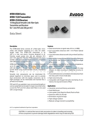 HFBR-0508 datasheet - 10 Megabaud Versatile Link Fiber Optic Transmitter and Receiver for 1 mm POF and 200 lm HCS^