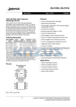 ISL2100A datasheet - 100V, 2A Peak, High Frequency Half-Bridge Drivers