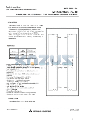 MH28D72KLG-10 datasheet - 9,663,676,416-BIT (134,217,728-WORD BY 72-BIT) Double Data Rate Synchronous DRAM Module