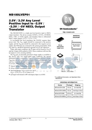 NB100LVEP91 datasheet - 2.5V / 3.3V Any Level Positive Input to -2.5V -3.3V / -5V NECL Output Translator