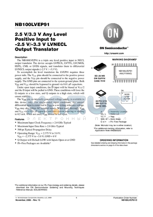 NB100LVEP91DW datasheet - 2.5 V/3.3 V Any Level Positive Input to −2.5 V/−3.3 V LVNECL Output Translator