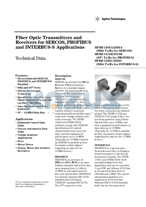 HFBR-1505A datasheet - Fiber Optic Transmitters and Receivers for SERCOS, PROFIBUS and INTERBUS-S Applications