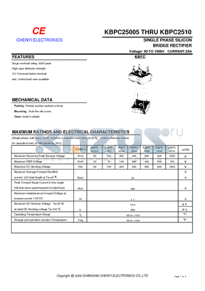 KBPC25005 datasheet - SINGLE PHASE SILICON BRIDGE RECTIFIER