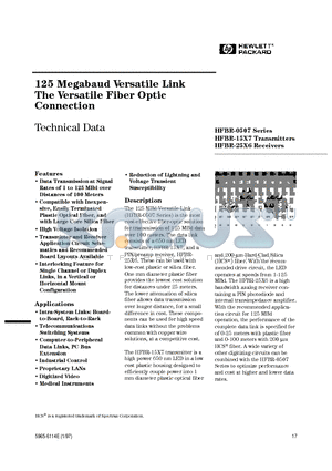 HFBR-15X7 datasheet - 125 Megabaud Versatile Link The Versatile Fiber Optic Connection