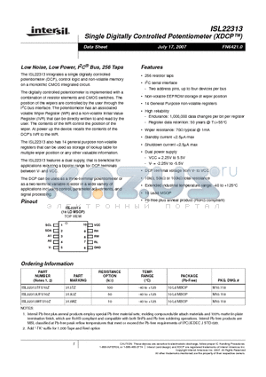 ISL22313TFU10Z datasheet - Single Digitally Controlled Potentiometer XDCP