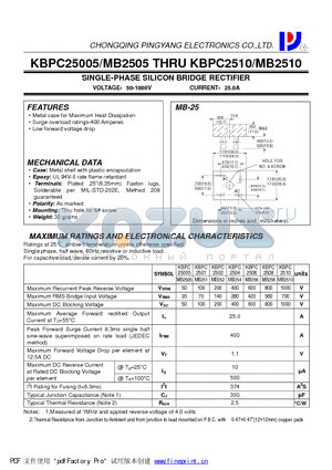 KBPC25005-MB2505 datasheet - SINGLE-PHASE SILICON BRIDGE RECTIFIER