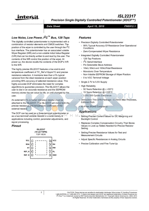 ISL22317TFRTZ datasheet - Precision Single Digitally Controlled Potentiometer (XDCP)