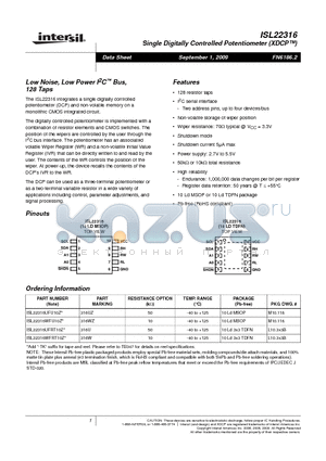 ISL22316UFRT10Z datasheet - Single Digitally Controlled Potentiometer XDCP