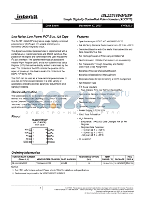 ISL22316WMUEP datasheet - Low Noise, Low Power I2C^ Bus, 128 Taps