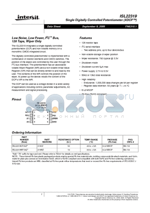 ISL22319UFU8Z datasheet - Single Digitally Controlled Potentiometer XDCP