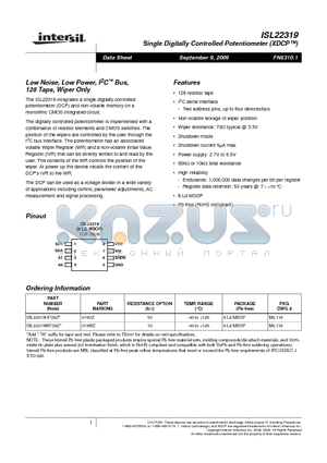 ISL22319WFU8Z datasheet - Single Digitally Controlled Potentiometer XDCP