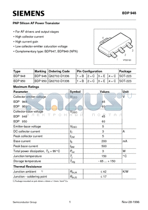 Q62702-D1338 datasheet - PNP Silicon AF Power Transistor (For AF drivers and output stages High collector current High current gain)