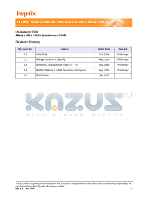 HY5S7B6LFP-H datasheet - 512MBit MOBILE SDR SDRAMs based on 8M x 4Bank x16I/O