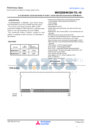 MH32D64KQH-10 datasheet - 2,147,483,648-BIT (33,554,432-WORD BY 64-BIT) Double Data Rate Synchronous DRAM Module