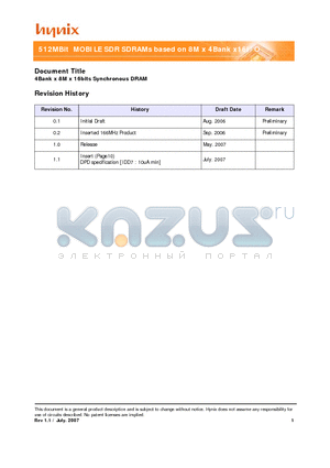 HY5S7B6ALFP-H datasheet - 512MBit MOBILE SDR SDRAMs based on 8M x 4Bank x16I/O