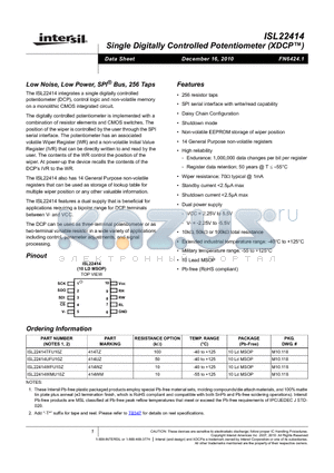 ISL22414TFU10Z datasheet - Single Digitally Controlled Potentiometer
