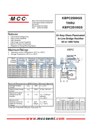 KBPC2501GS datasheet - 25 Amp Glass Passivated In-Line Bridge Rectifier 50 to 1000 Volts