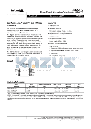 ISL22419WFU8Z datasheet - Low Noise, Low Power, SPI Bus, 128 Taps, Wiper Only