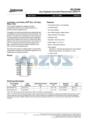 ISL22429 datasheet - Low Noise, Low Power, SPI Bus, 128 Taps, Wiper Only