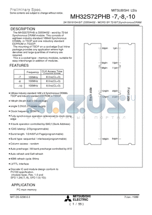 MH32S72PHB-7 datasheet - 2415919104-BIT (33554432 - WORD BY 72-BIT)SynchronousDRAM