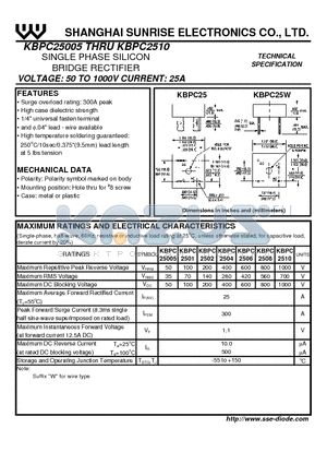 KBPC2502 datasheet - SINGLE PHASE SILICON BRIDGE RECTIFIER