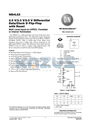 NB4L52 datasheet - 2.5 V/3.3 V/5.0 V Differential Data/Clock D Flip-Flop with Reset Multi-Level Inputs to LVPECL Translator w/ Internal Termination