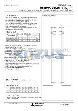 MH32V7245BST-5 datasheet - HYPER PAGE MODE 2415919104 - BIT ( 33554432 - WORD BY 72 - BIT ) DYNAMIC RAM