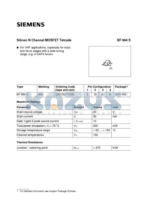 Q62702-F1020 datasheet - Silicon N Channel MOSFET Tetrode (For VHF applications, especially for input and mixer stages with a wide tuning range, e.g. in CATV tuners)