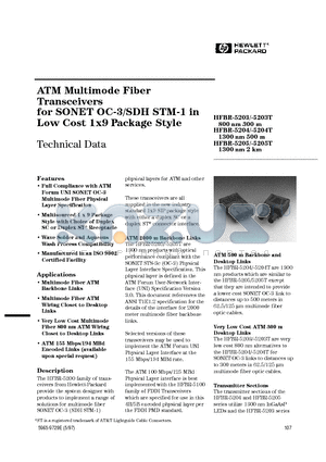 HFBR-5203 datasheet - ATM Multimode Fiber Transceivers for SONET OC-3/SDH STM-1 in Low Cost 1x9 Package Style