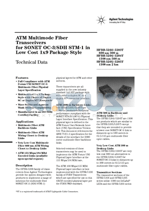 HFBR-5203T datasheet - ATM Multimode Fiber Transceivers for SONET OC-3/SDH STM-1 in Low Cost 1x9 Package Style