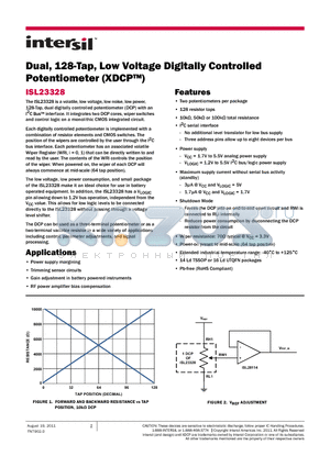ISL23328UFVZ-T7A datasheet - Dual, 128-Tap, Low Voltage Digitally Controlled Potentiometer (XDCP)