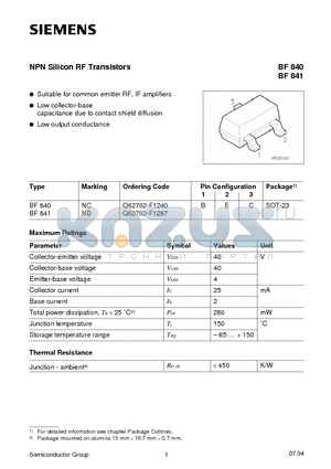 Q62702-F1240 datasheet - NPN Silicon RF Transistors (Suitable for common emitter RF, IF amplifiers Low collector-base capacitance due to contact shield diffusion)