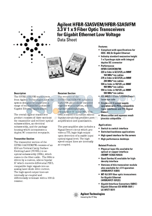 HFBR-53A5VFM datasheet - 3.3 V 1 x 9 Fiber Optic Transceivers for Gigabit Ethernet Low Voltage