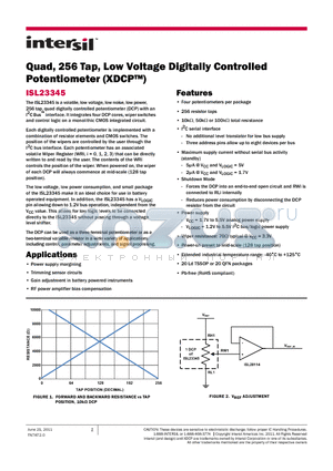 ISL23345UFRZ datasheet - Quad, 256 Tap, Low Voltage Digitally Controlled Potentiometer (XDCP)