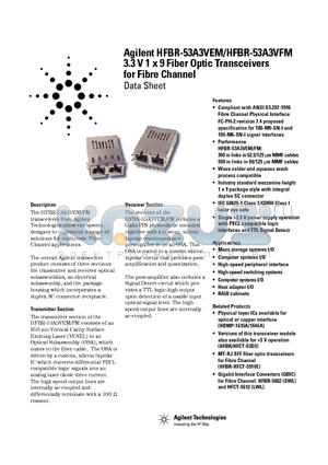 HFBR-53A3VFM datasheet - 3.3 V 1 x 9 Fiber Optic Transceivers for Fibre Channel for Fibre Channel