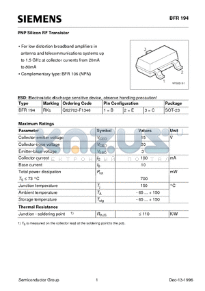 Q62702-F1346 datasheet - PNP Silicon RF Transistor (For low distortion broadband amplifiers in antenna and telecommunications)