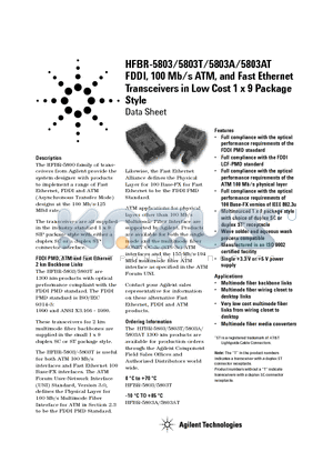 HFBR-5803AT datasheet - FDDI 100 Mb/s ATM and Fast Ethernet Transceivers in Low Cost 1 x 9 Package Style