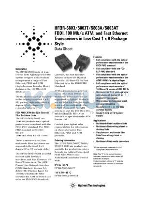 HFBR-5803A datasheet - FDDI 100 Mb/s ATM and Fast Ethernet Transceivers in Low Cost 1 x 9 Package Style