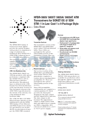 HFBR-5805T datasheet - HFBR-5805/5805T/5805A/5805AT ATM Transceivers for SONET OC-3/SDH STM-1 in Low Cost 1 x 9 Package Style