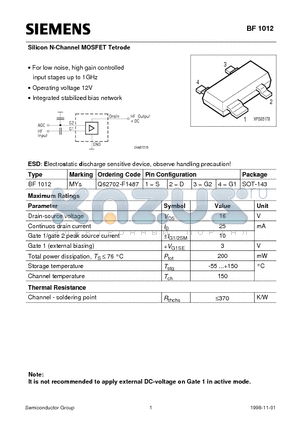 Q62702-F1487 datasheet - Silicon N-Channel MOSFET Tetrode (For low noise, high gain controlled input stages up to 1GHz Operating voltage 12V Integrated stabilized bias network