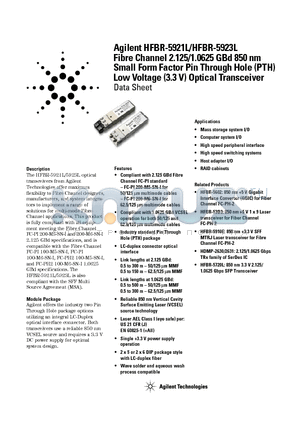 HFBR-5923L datasheet - Fibre Channel 2.125/1.0625 GBd 850 nm Small Form Factor Pin Through Hole (PTH) Low Voltage (3.3 V) Optical Transceiver