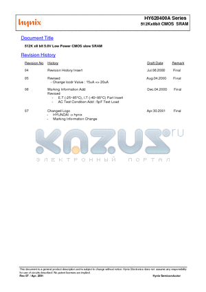 HY628400A datasheet - 512K x8 bit 5.0V Low Power CMOS slow SRAM