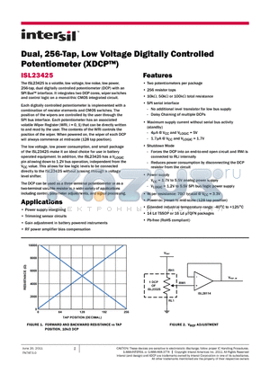 ISL23425 datasheet - Dual, 256-Tap, Low Voltage Digitally Controlled Potentiometer (XDCP)