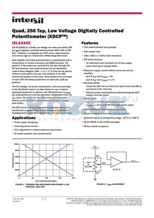 ISL23445UFRZ datasheet - Quad, 256 Tap, Low Voltage Digitally Controlled Potentiometer (XDCP)