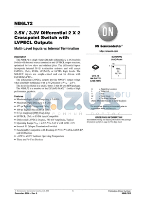 NB6L72MNR2G datasheet - 2.5V / 3.3V Differential 2 X 2 Crosspoint Switch with LVPECL Outputs